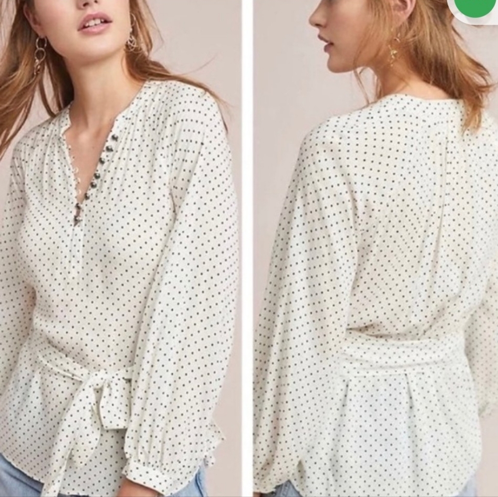Anthropologie Maeve Size 6 Lucy Polka Dot Tie Waist Blouse Sheer Light